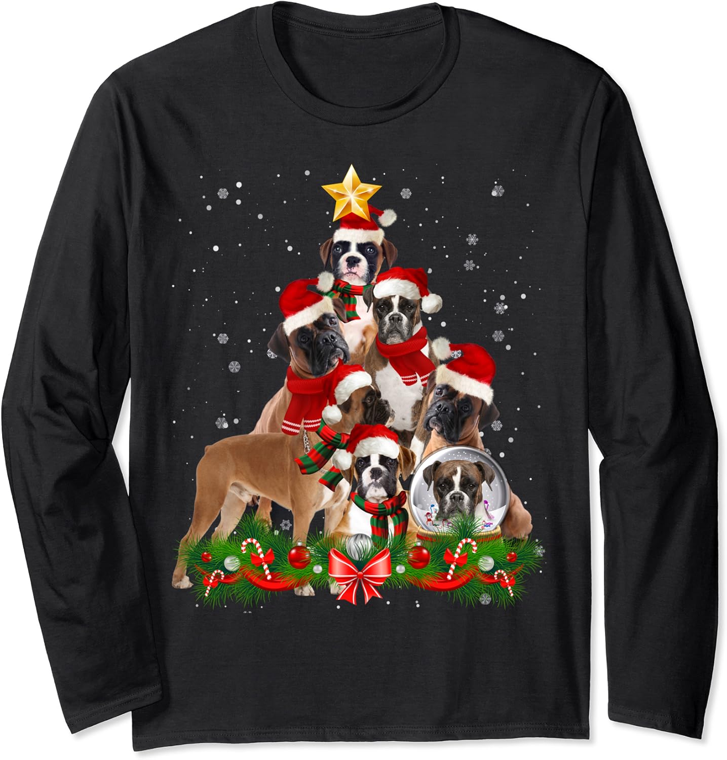 Boxer Dog Christmas Dog Light Tree Xmas Santa Long Sleeve T